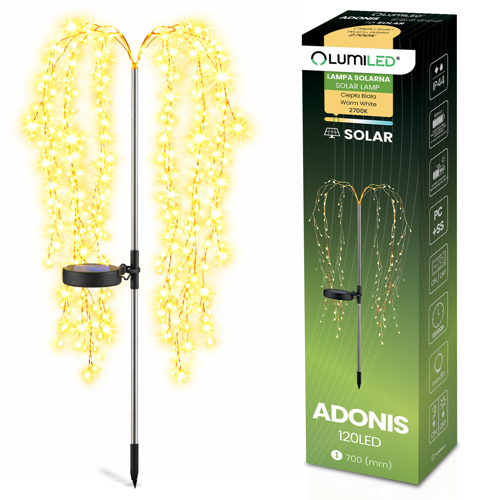 Lampada ad energia solare da giardino LED ADONIS 2700K a picchetto decorativa alberello effetto cascata LUMILED