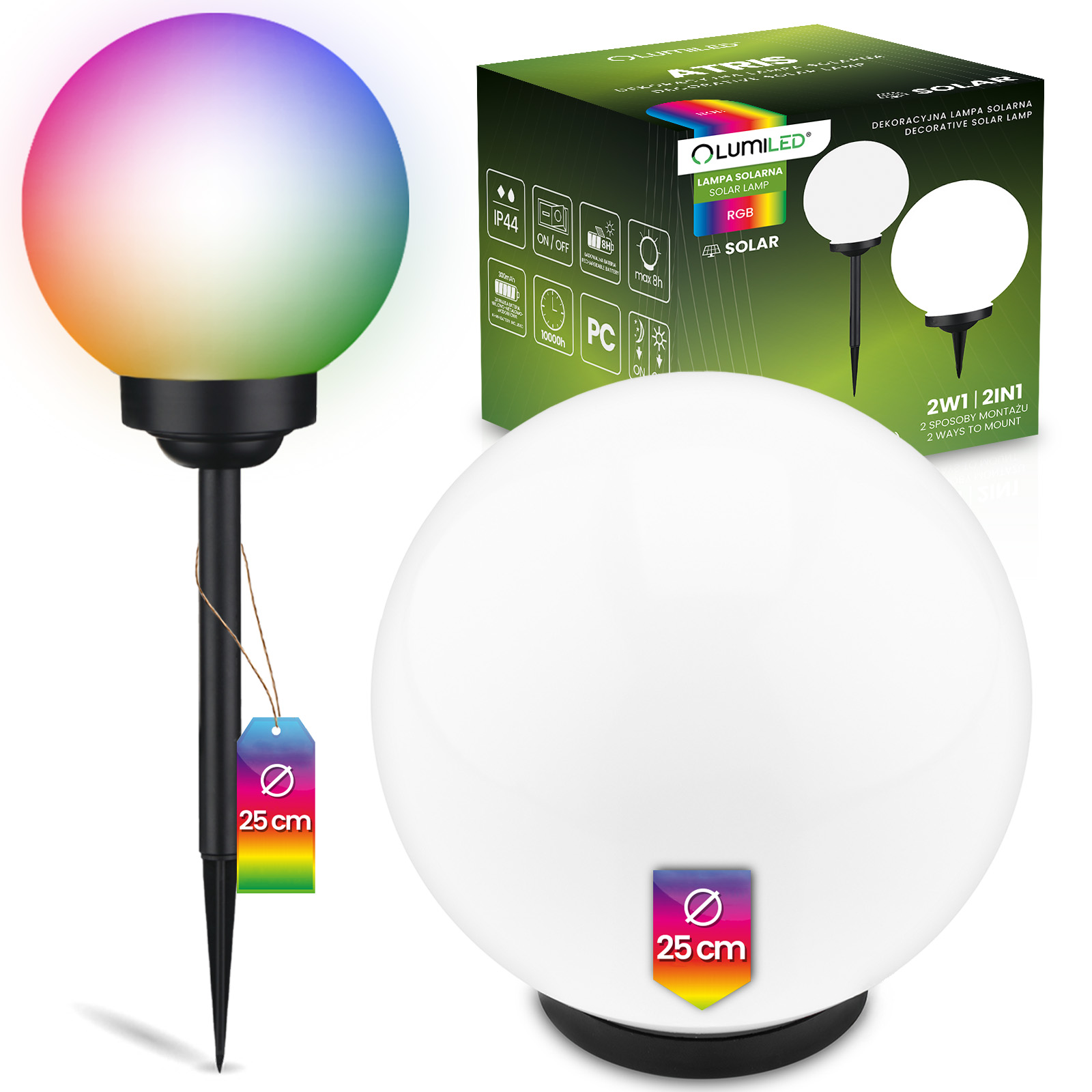 Lampada ad energia solare da giardino LED ATRIS a picchetto bianca Sfera 25cm RGB LUMILED