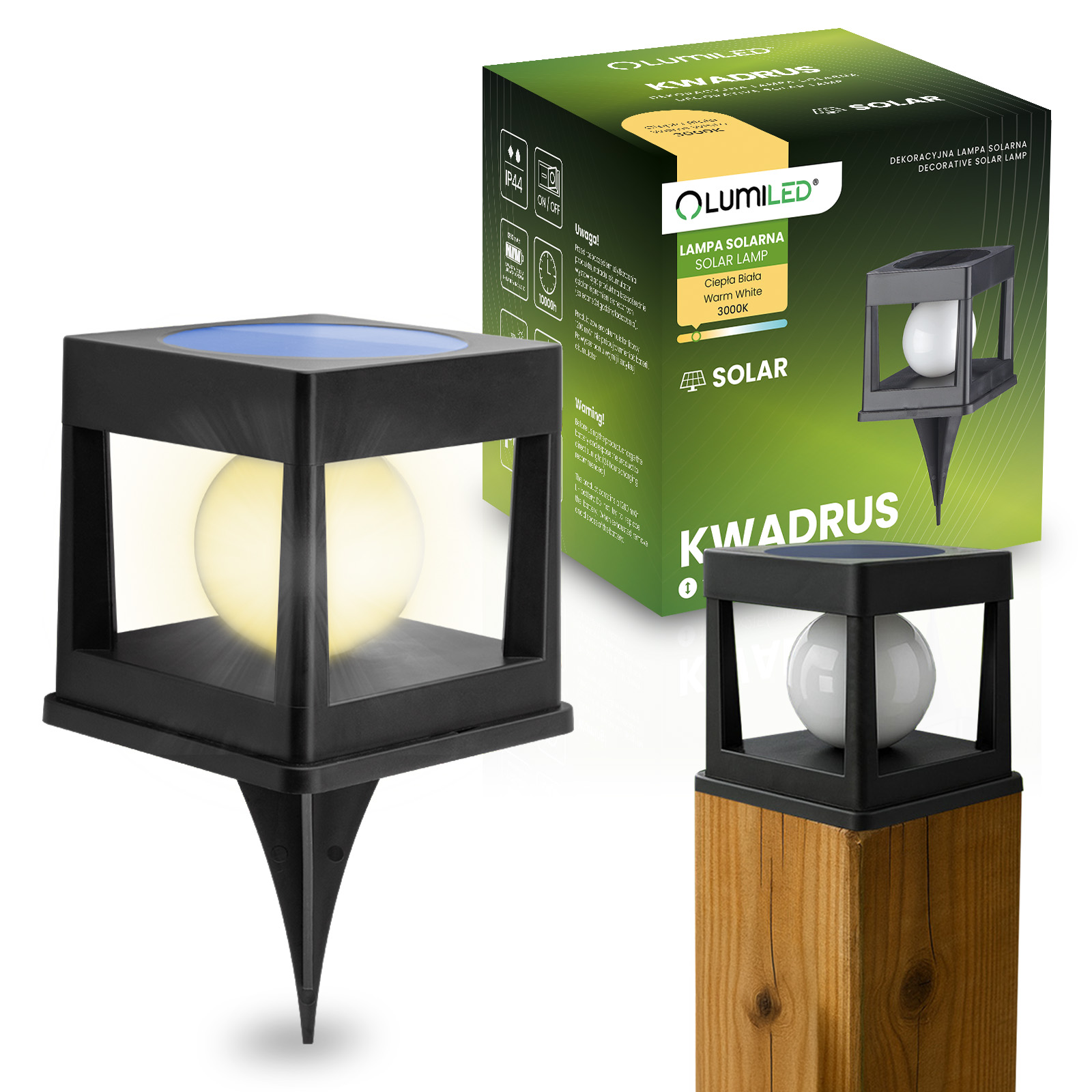 Lampada ad energia solare da giardino LED a picchetto da esterno per recinzione balaustra e terrazzo 3000K KWADRUS LUMILED